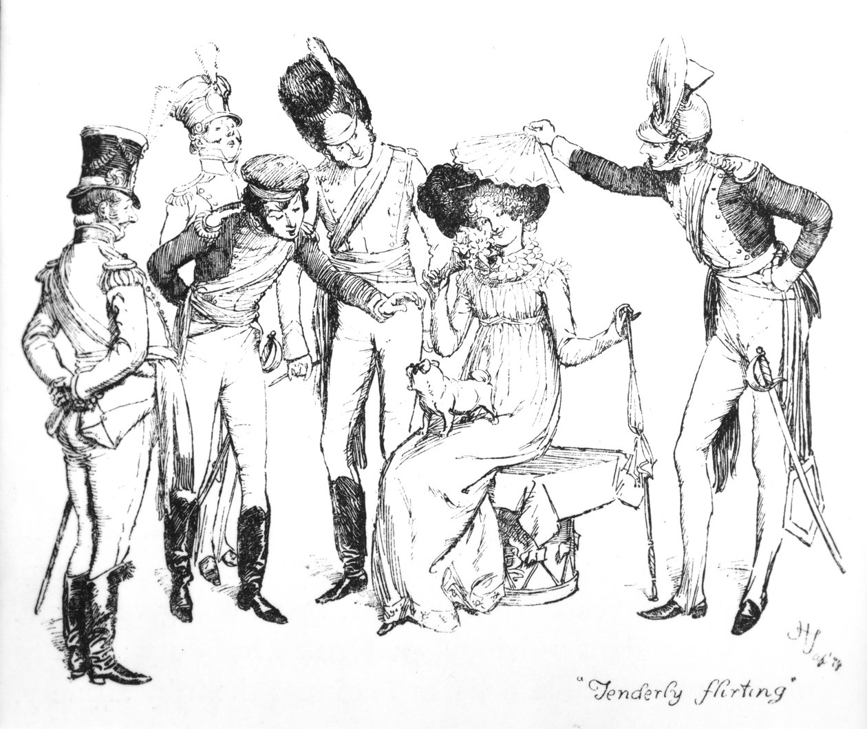 „Něžně flirtování“, ilustrace z „Pýchy a předsudku“ od Jane Austenové, vydání vydané v roce 1894 od Hugh Thomson