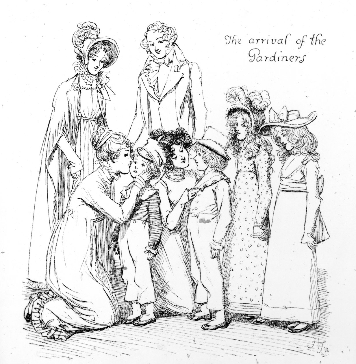 Příchod Gardinerů, ilustrace z „Pýchy a předsudku“ od Jane Austenové, vydání vydané v roce 1894 od Hugh Thomson