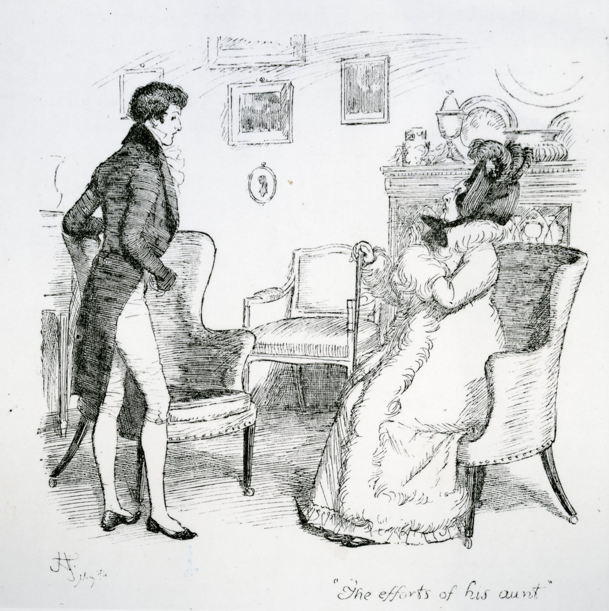 „Úsilí jeho tety“, ilustrace z „Pýchy a předsudku“ od Jane Austenové, vydání vydané v roce 1894 od Hugh Thomson