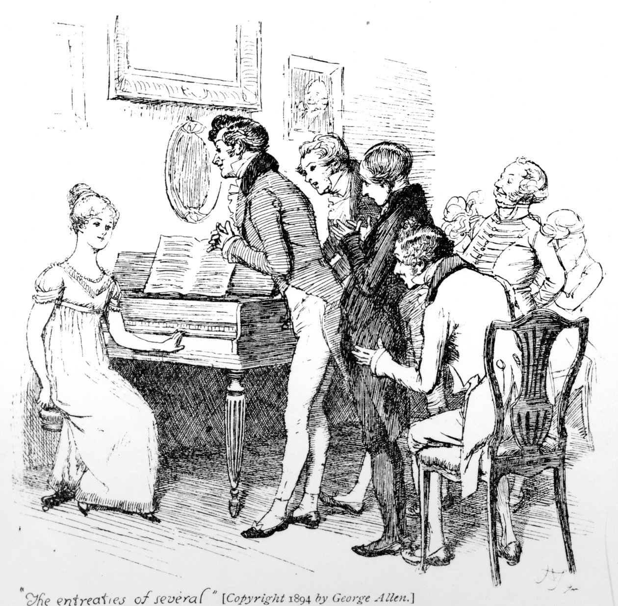 „Prosby několika“, ilustrace z „Pride und Prejudice“ od Jane Austenové, vydání vydané v roce 1894 od Hugh Thomson