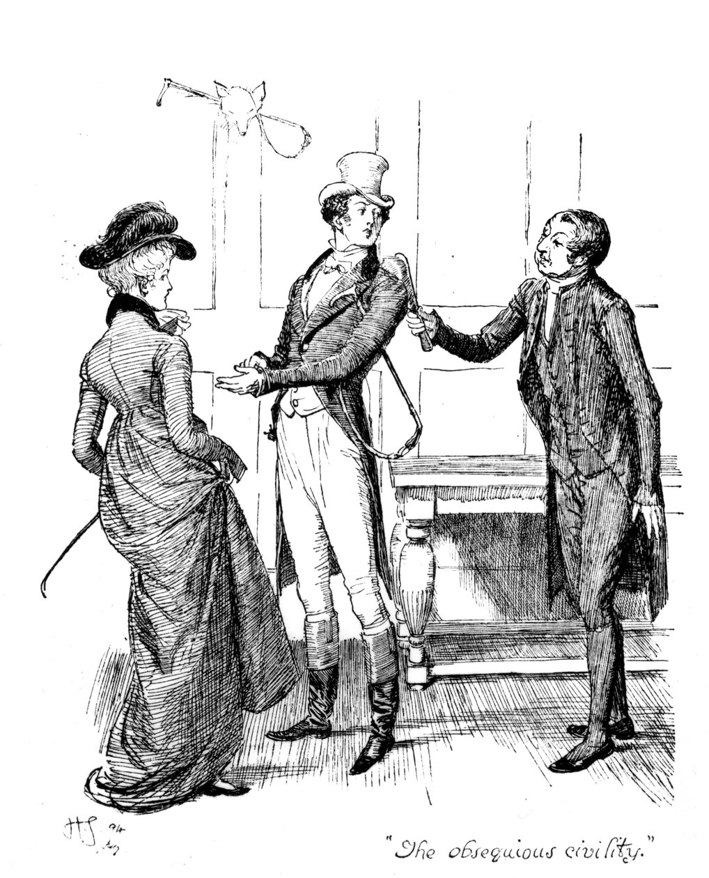 „Obsequious civility“, ilustrace z „Pýchy a předsudku“ od Jane Austenové, vydání vydané v roce 1894 od Hugh Thomson