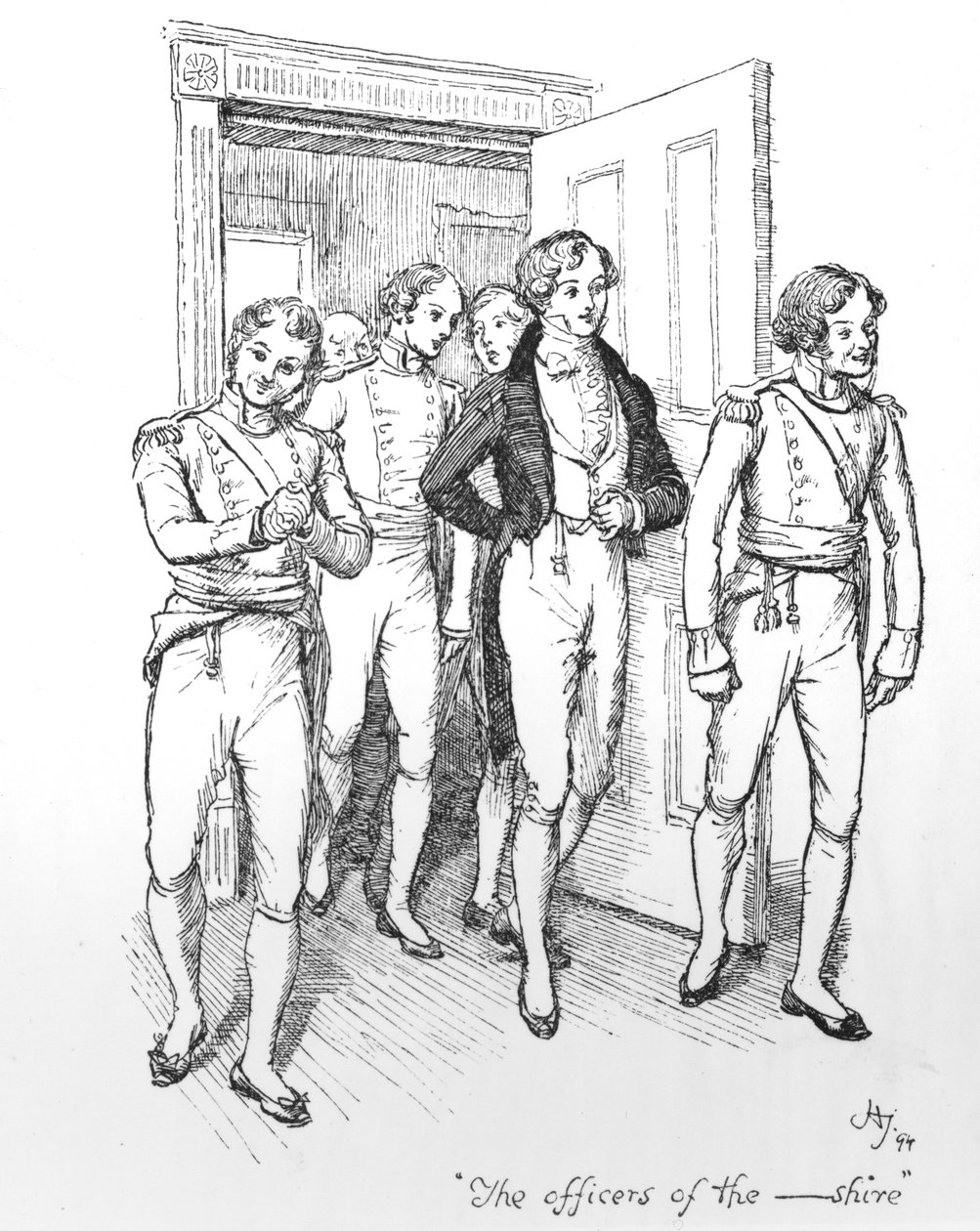 „Důstojníci hrabství“, ilustrace z „Pride und Prejudice“, vydání vydané v roce 1894 od Hugh Thomson