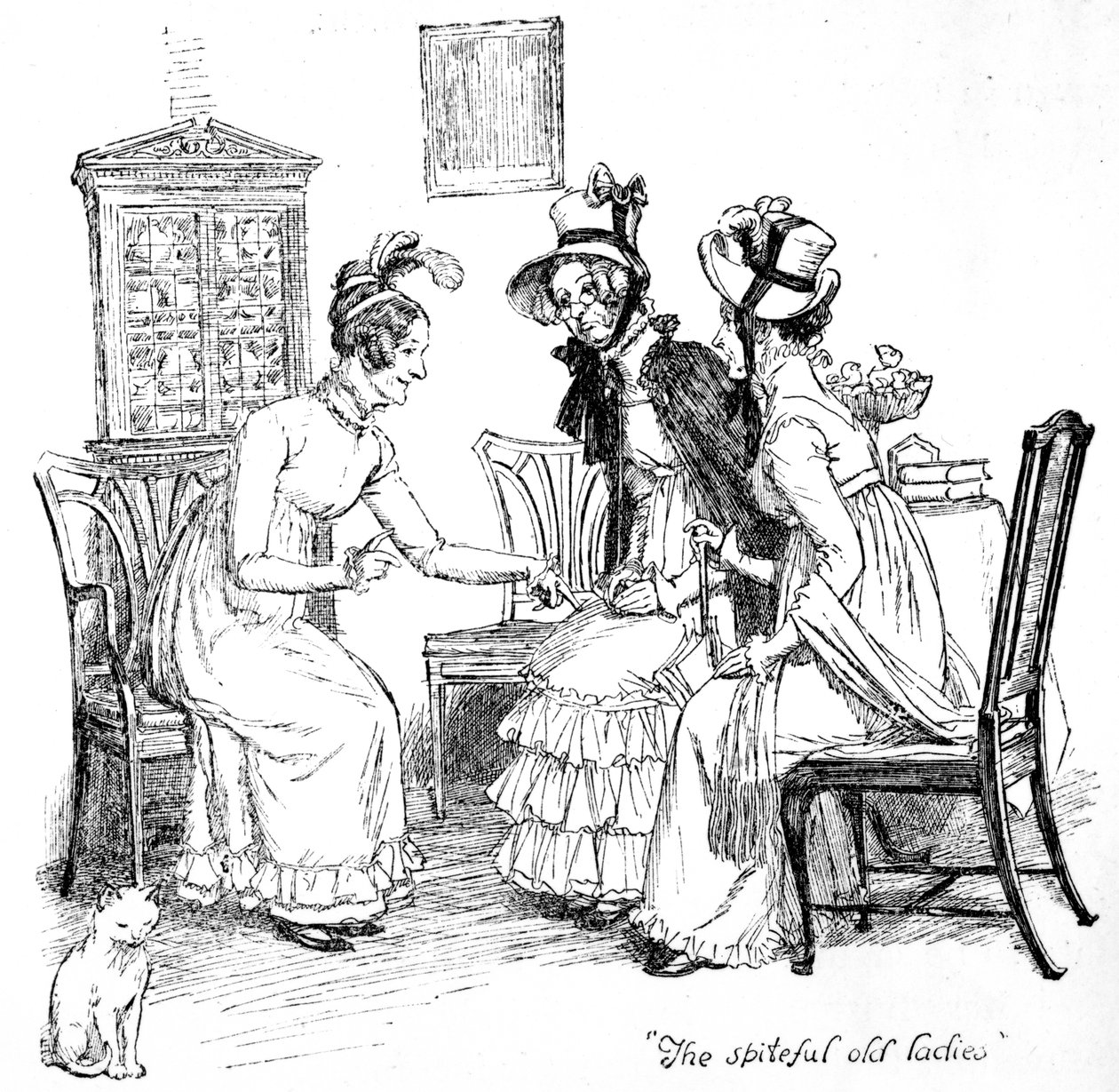 "Zlomyslné staré dámy", ilustrace z knihy Jane Austenové "Pýcha a předsudek", vydání z roku 1894 od Hugh Thomson