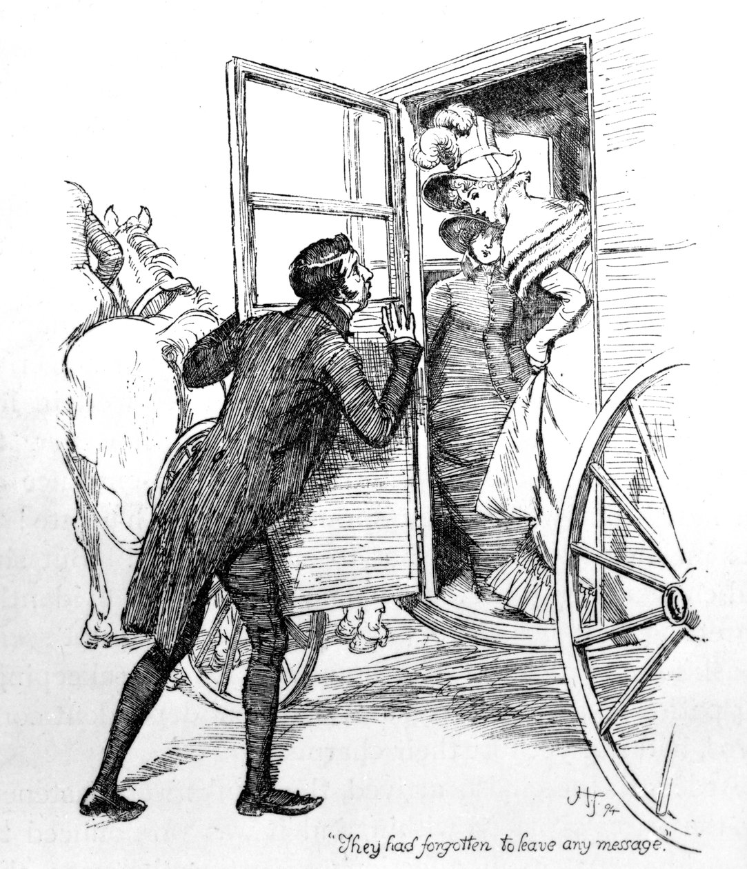 „Zapomněli zanechat nějaký vzkaz“, ilustrace z „Pýchy a předsudku“ od Jane Austenové, vydání vydané v roce 1894 od Hugh Thomson