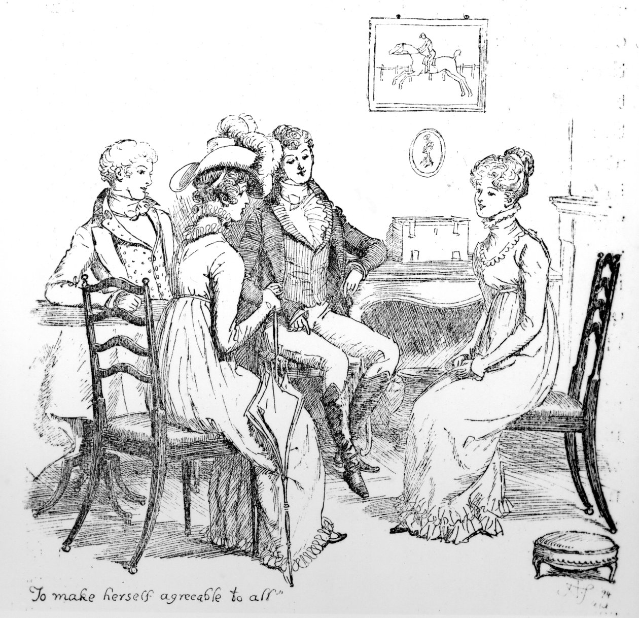 „Aby byla příjemná pro všechny“, ilustrace z „Pýchy a předsudku“ od Jane Austenové, vydání vydané v roce 1894 od Hugh Thomson