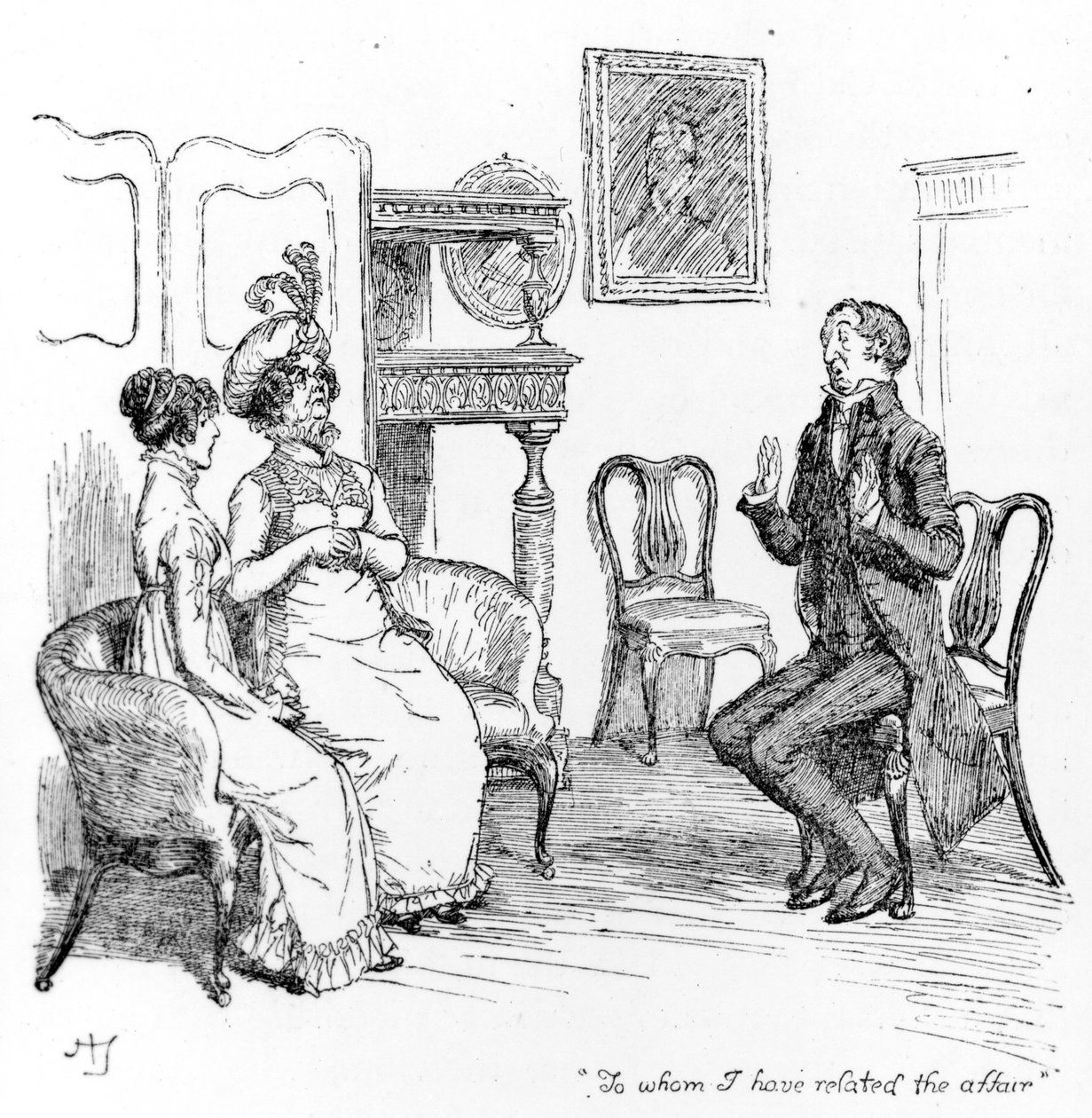 „Komu jsem tu záležitost vyprávěl“, ilustrace z „Pýchy a předsudku“ od Jane Austenové, vydání vydané v roce 1894 od Hugh Thomson