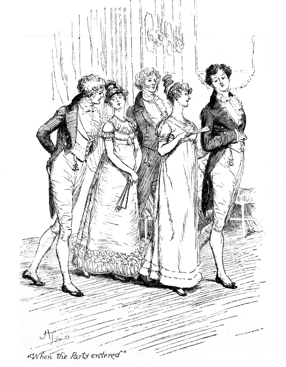 „Když strana vstoupila“, ilustrace z „Pýchy a předsudku“ od Jane Austenové, vydání vydané v roce 1894 od Hugh Thomson