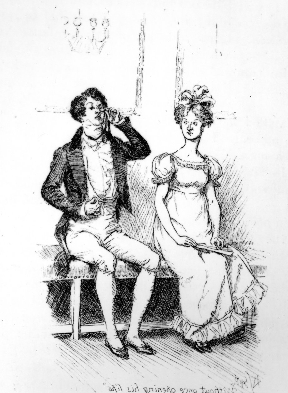 „Aniž by jednou otevřel rty“, ilustrace z „Pýchy a předsudku“ od Jane Austenové, vydání vydané v roce 1894 od Hugh Thomson