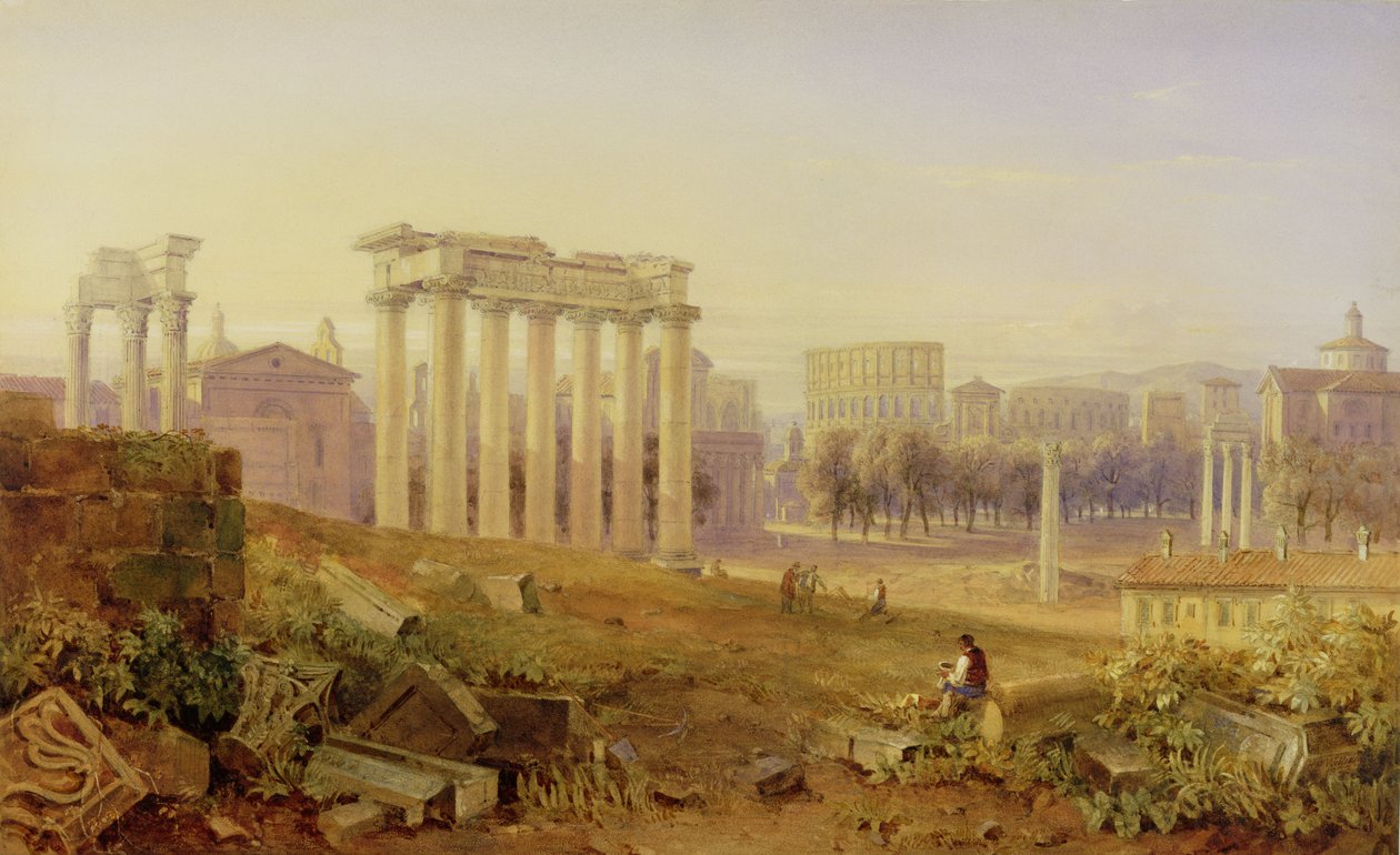 Přes fórum, Řím, 1828 (wc a kvaš přes grafit na papíře) od Hugh William Williams