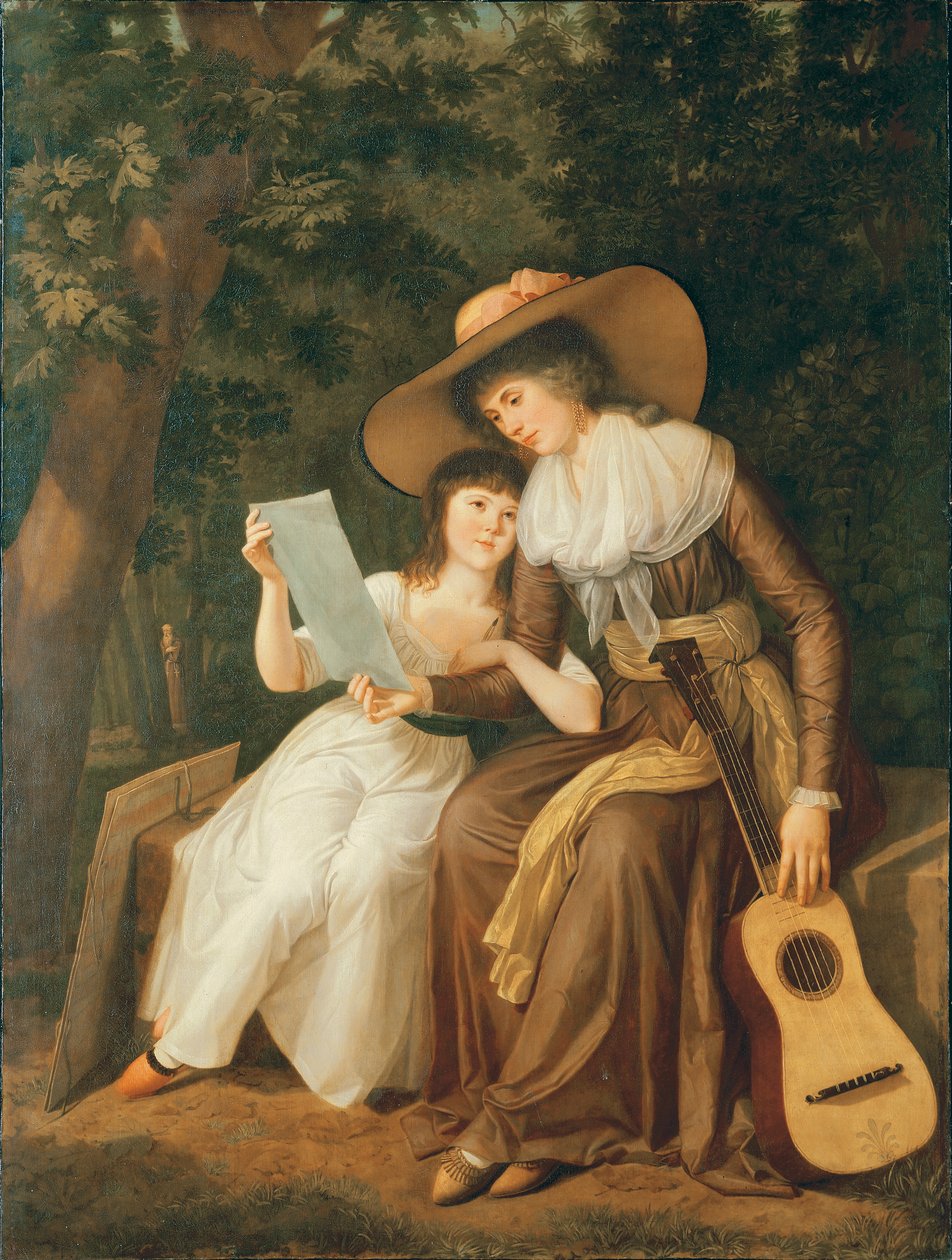 Dvojportrét Marie, hraběnky z Erne, s dcerou Lady Caroline Crichton, později Lady Wharncliffe, celovečerní, sedící, první v hnědých šatech se žlutou vlečkou, na velké slámě od Hugh Douglas Hamilton