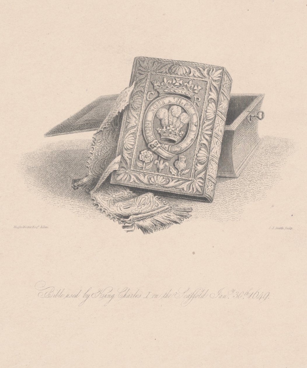 Bible použitá králem Karlem I. na lešení dne 30. ledna 1649, vyryla C. J. Smithem od Hugh Irvine