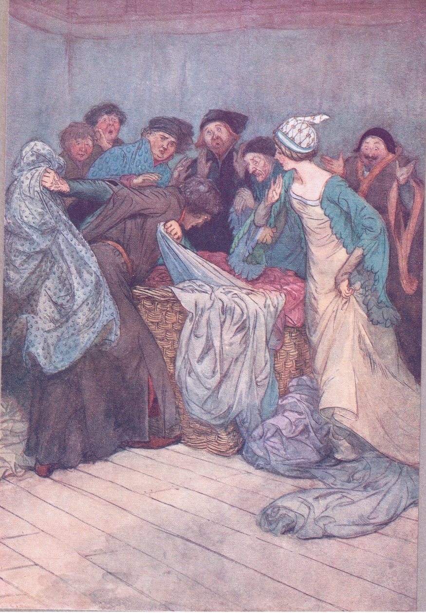 nestydíš se? Nechte oblečení být, ilustrace z Veselé paničky z Windsoru, 1910 od Hugh Thomson