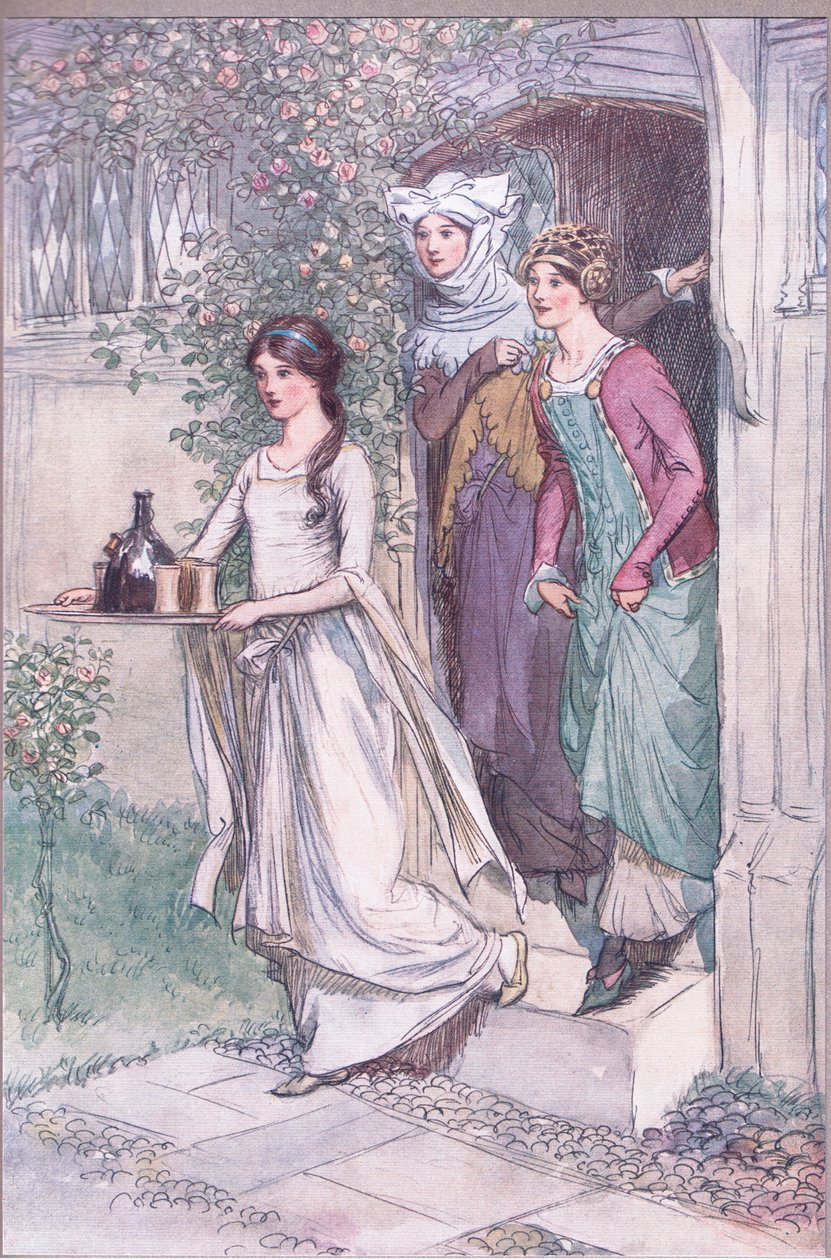 „Vstupte do Anne Page s vínem, paní Fordová a paní Pageová následují“, ilustrace z „Veselé paničky z Windsoru“ od Hugh Thomson