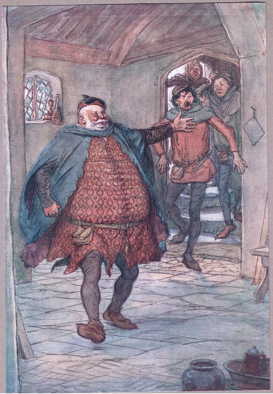 Enter Falstaff, pistole, Nym a Bardolph, ilustrace z The Merry Wives of Windsor, 1910 od Hugh Thomson
