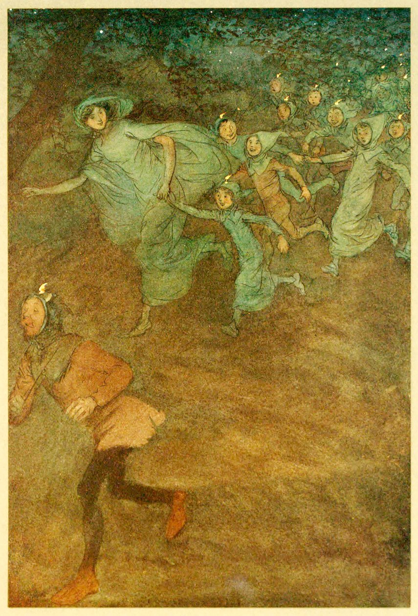 Vstupují Sir Hugh Evans, Anne Page a další z filmu Veselé paničky z Windsoru, 1910. od Hugh Thomson