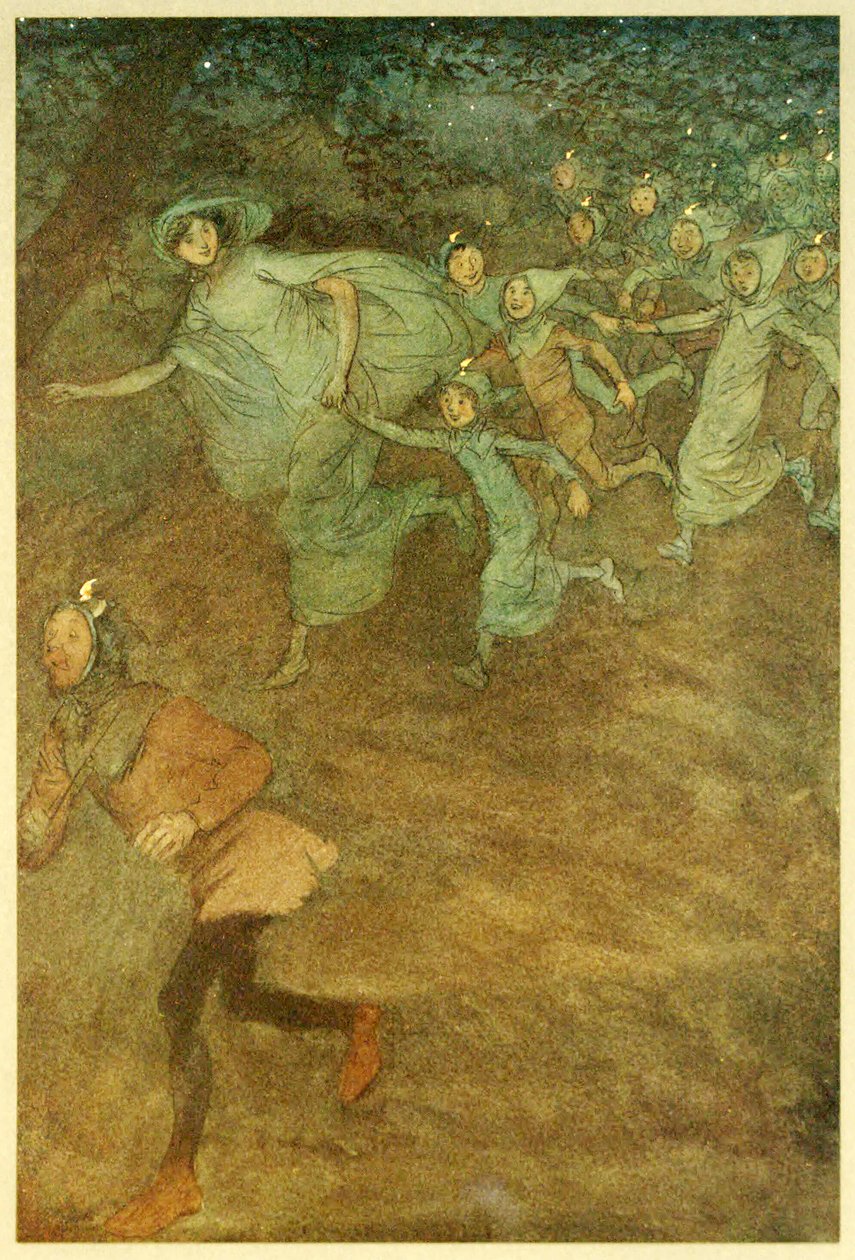 Vstupují Sir Hugh Evans, Anne Page a další z hospody The Merry Wives of Windsor. 1910 od Hugh Thomson