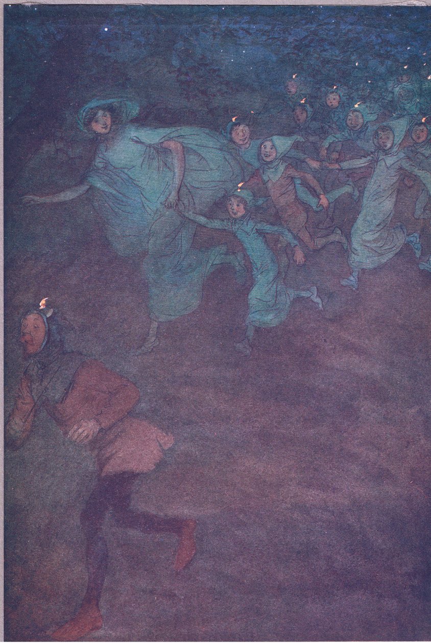 Vstupte sir Hugh Evans, Anne Page a ostatní, ilustrace z Veselé paničky z Windsoru, 1910 od Hugh Thomson