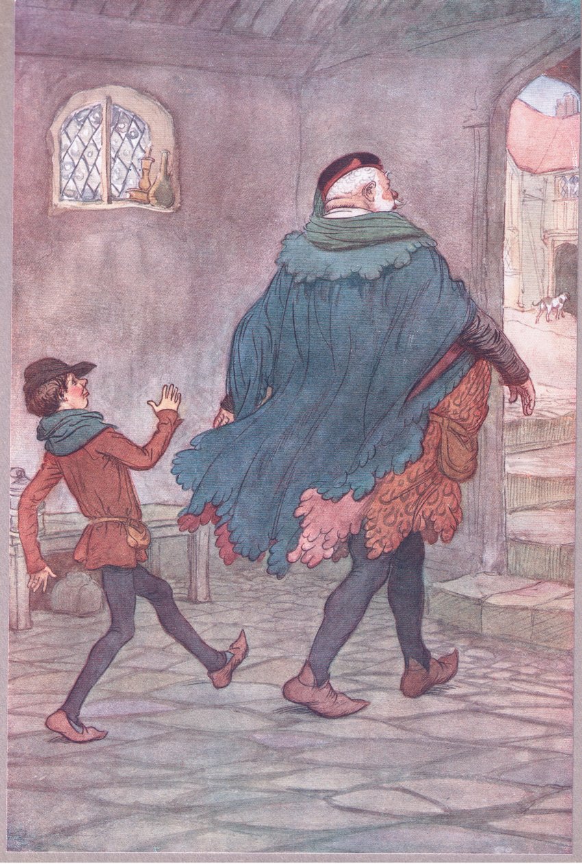 Exeunt Falstaff a Robin, ilustrace z Veselých paniček windsorských , 1910 od Hugh Thomson