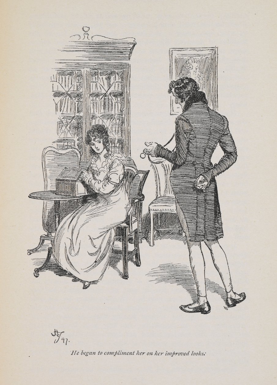 „Začal jí skládat komplimenty za její vylepšený vzhled“ pro román Jane Austenové 1897 (rytina) od Hugh Thomson