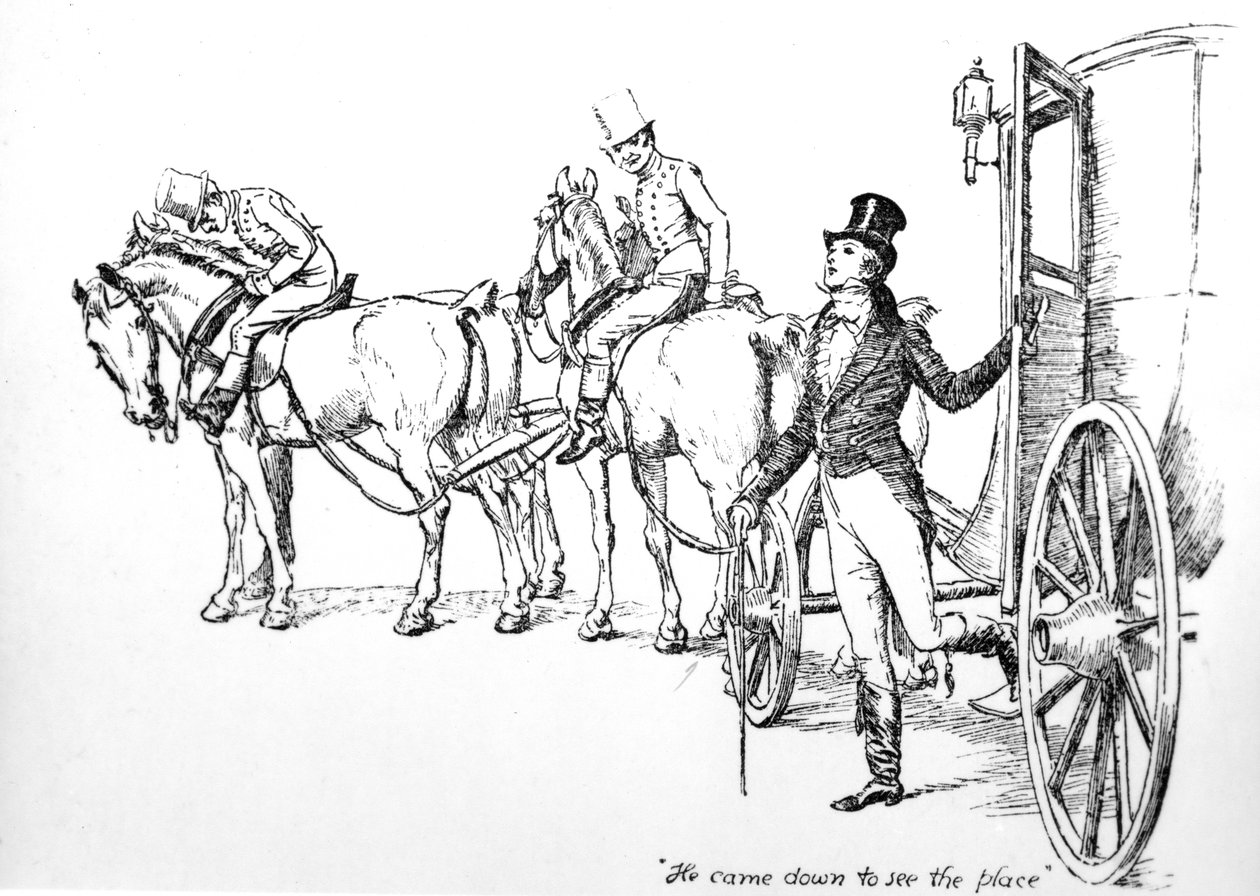 „Přišel dolů, aby viděl to místo“, ilustrace z „Pýchy a předsudku“ od Jane Austenové, vydání vydané v roce 1894 od Hugh Thomson