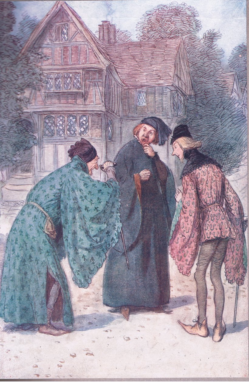 „Kdyby mu bylo dvacet Sir John Falstaffs, nezneužil by Roberta Shallow Esquire!“, ilustrace z „Veselé paničky z Windsoru“ od Hugh Thomson