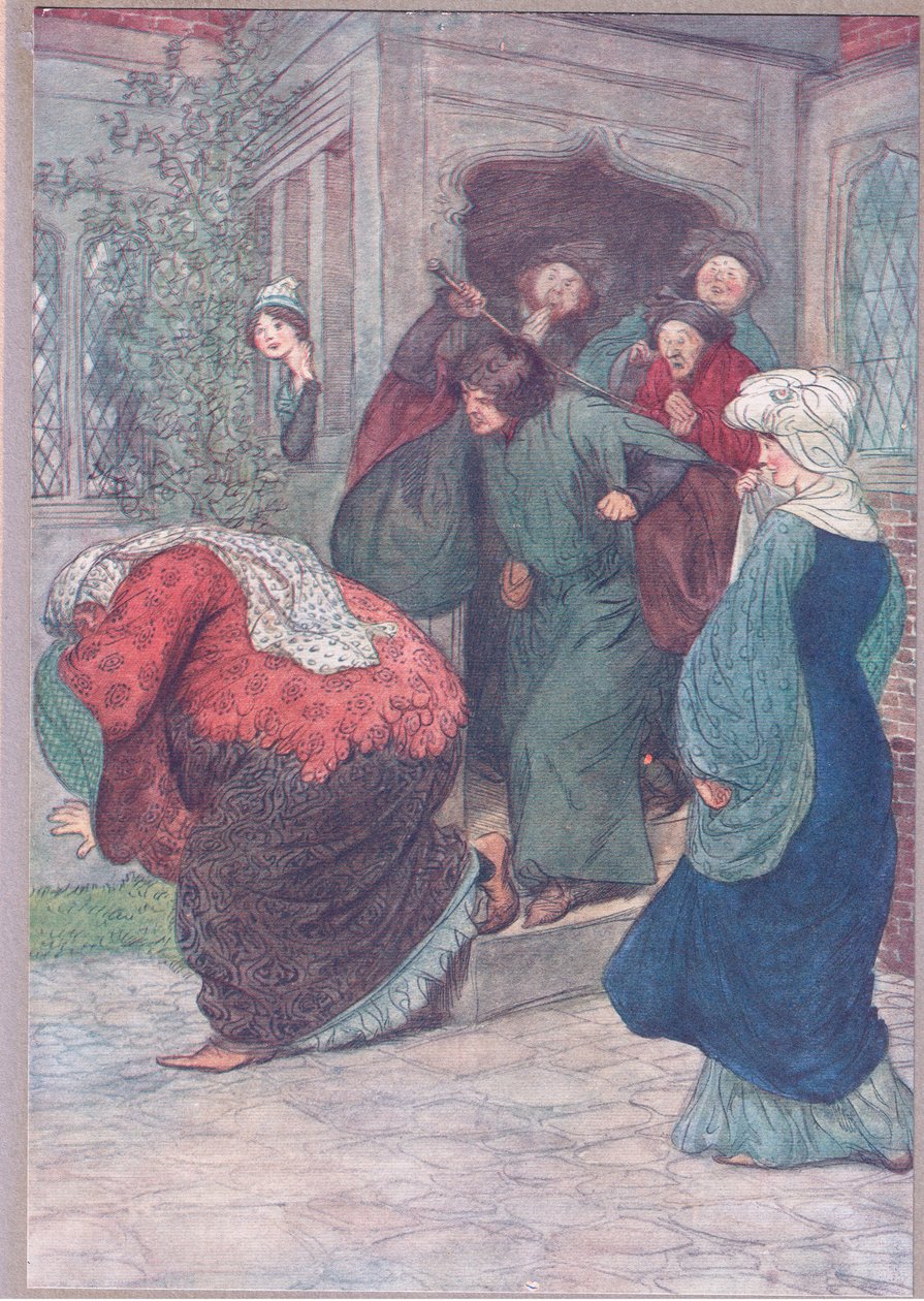 Ven z mých dveří, ty čarodějko, ilustrace z Veselých paniček z Windsoru, 1910 od Hugh Thomson