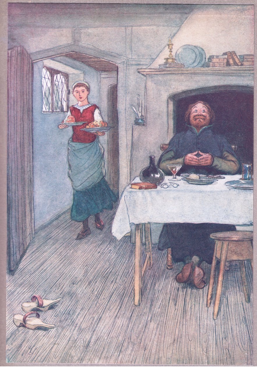 Přijdou pipiny a sýr, ilustrace z Veselé paničky z Windsoru, 1910 od Hugh Thomson
