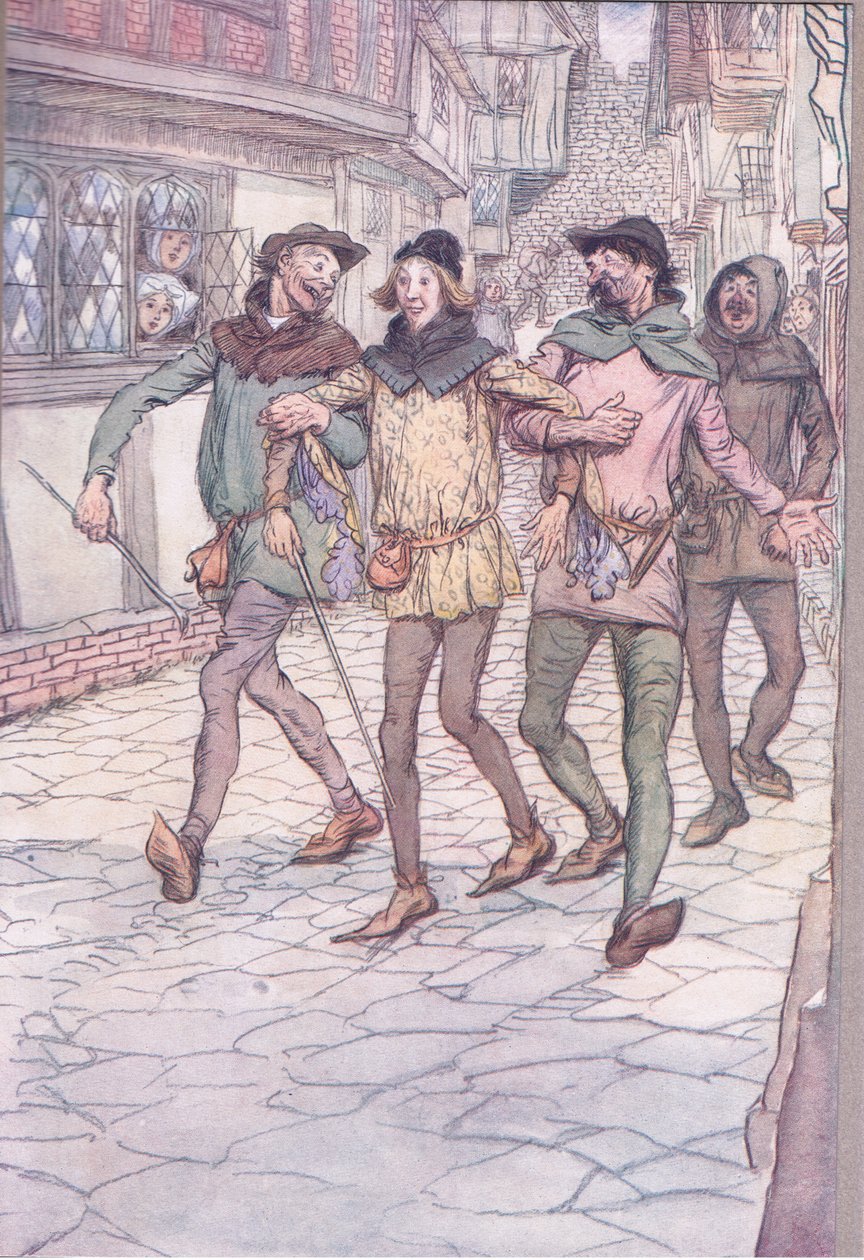 Odnesli mě do hospody, ilustrace z Veselé paničky z Windsoru, 1910 od Hugh Thomson