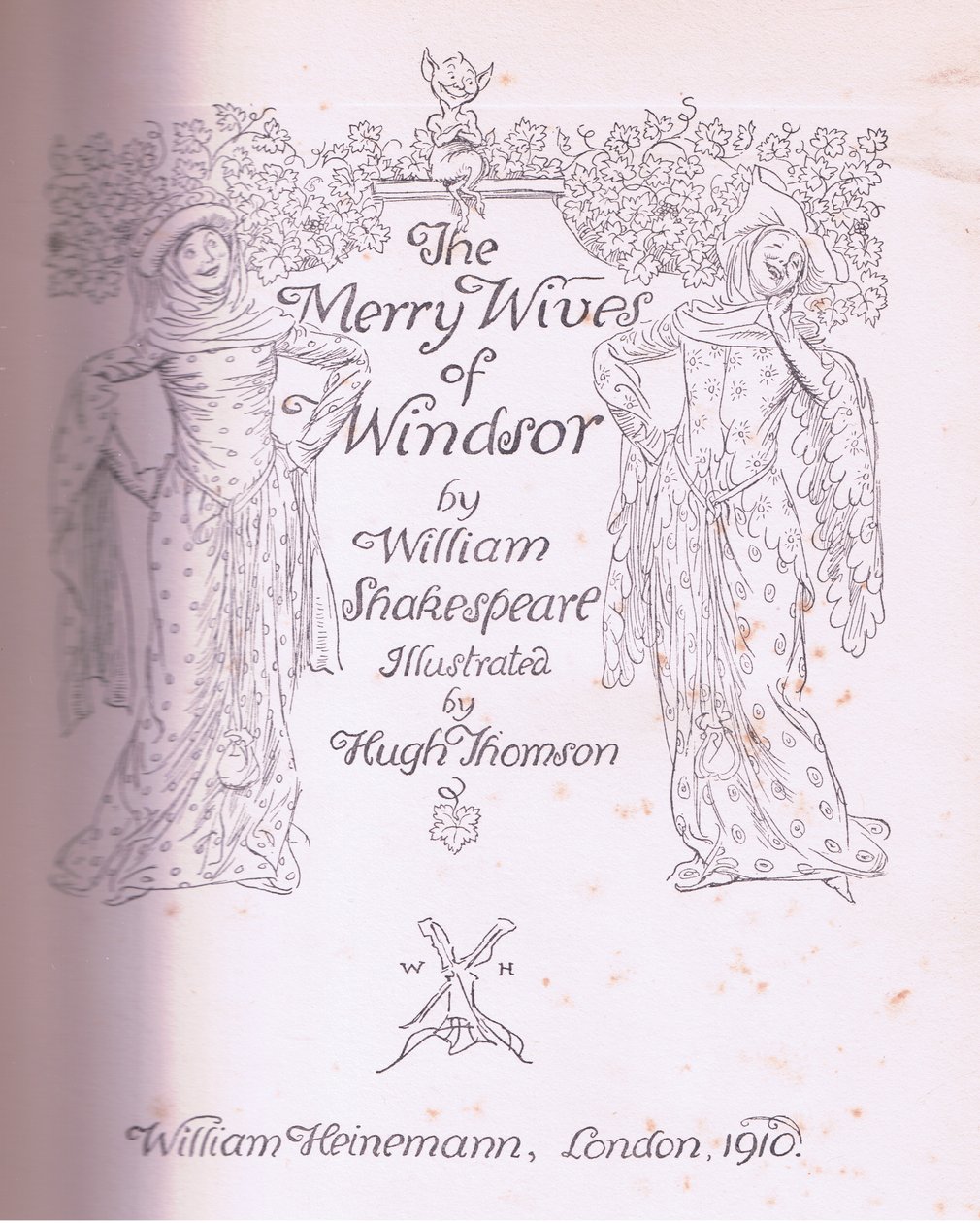 Návrh titulní strany, ilustrace z Veselé paničky z Windsoru, 1910 od Hugh Thomson