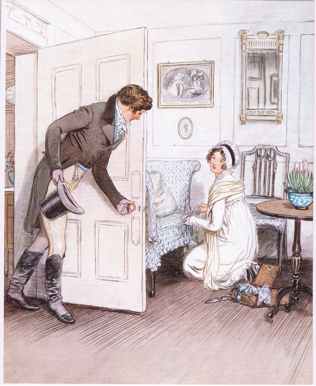 Valentine: "Vidět ji na kolenou, jak zdobí nožky pohovky volánky, jako by to bylo dítě." (litho) od Hugh Thomson
