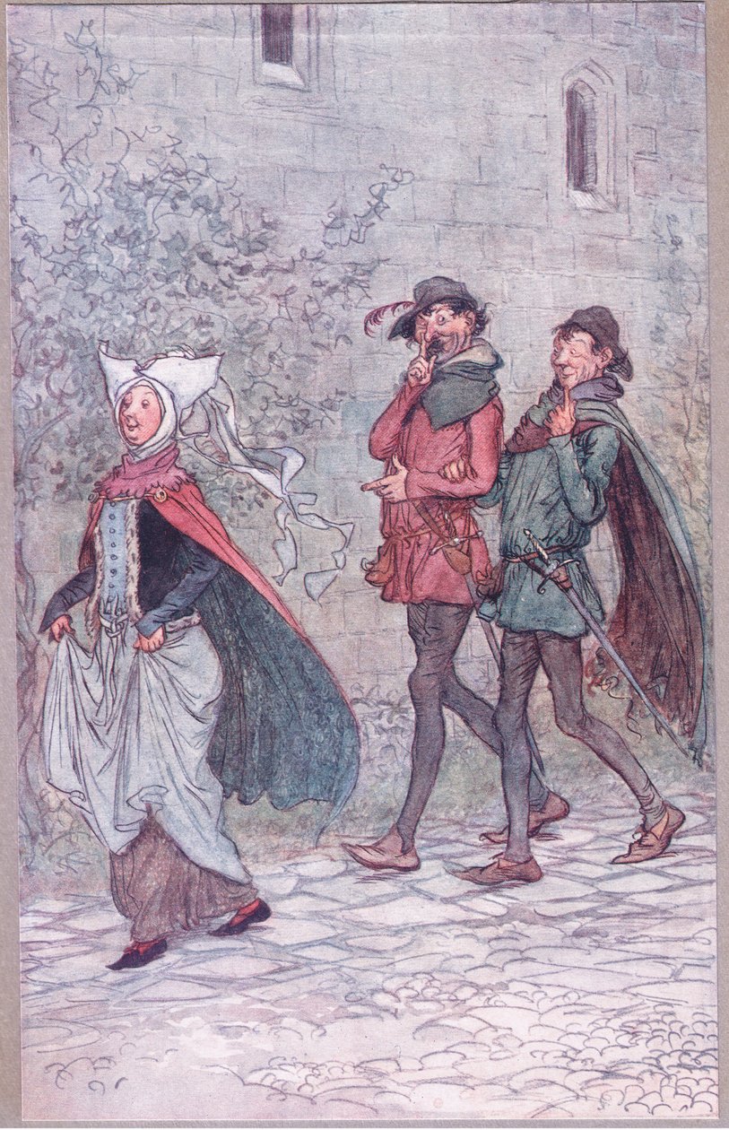 Když paní Bridget ztratila rukojeť svého vějíře, ilustrace z Veselé paničky z Windsoru, 1910 od Hugh Thomson