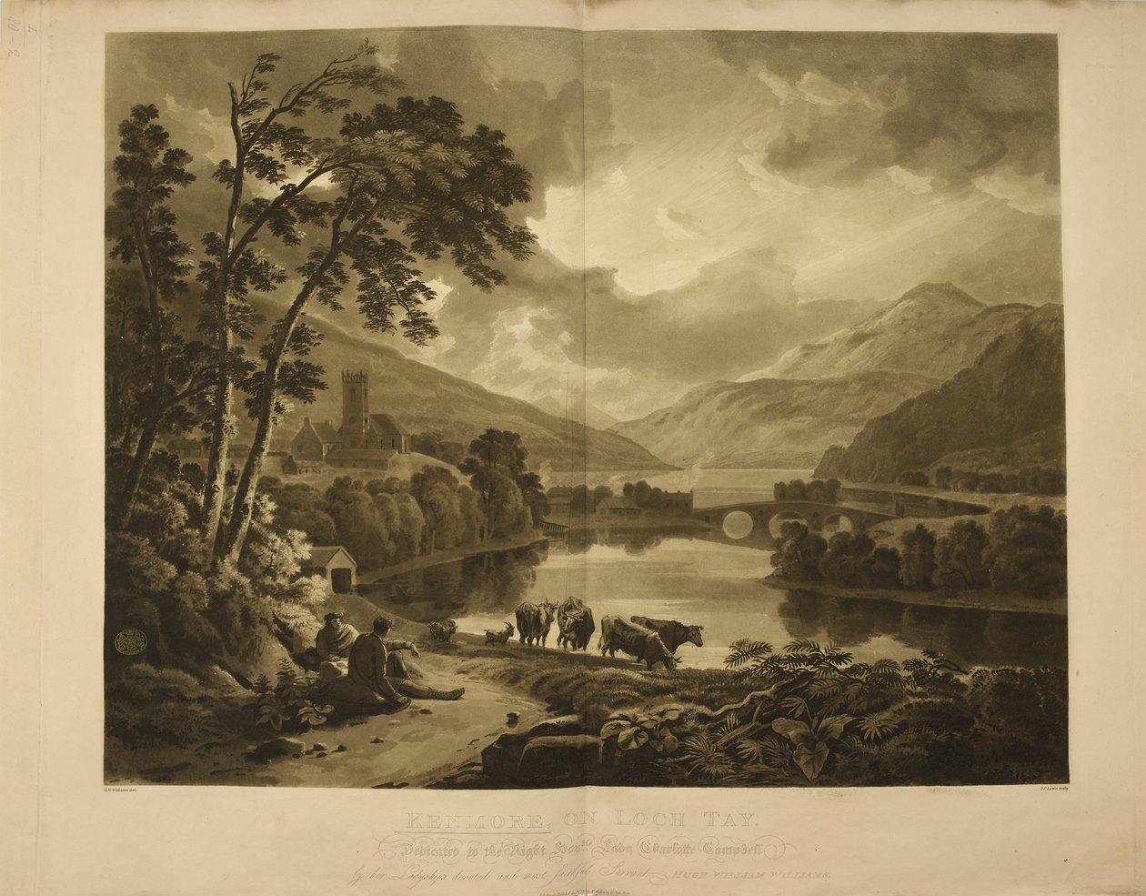 Ilustrace zobrazující pohled na Kenmore na jezeře Loch Tay ve Skotsku. Jezero a horská krajina na Vysočině. od Hugh William Williams