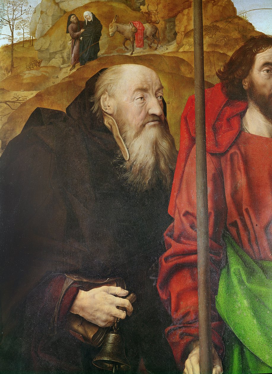 Oltář Portinari, levý panelový detail hlavy svatého Antonína, olej na panelu kolem roku 1479 od Hugo van der Goes