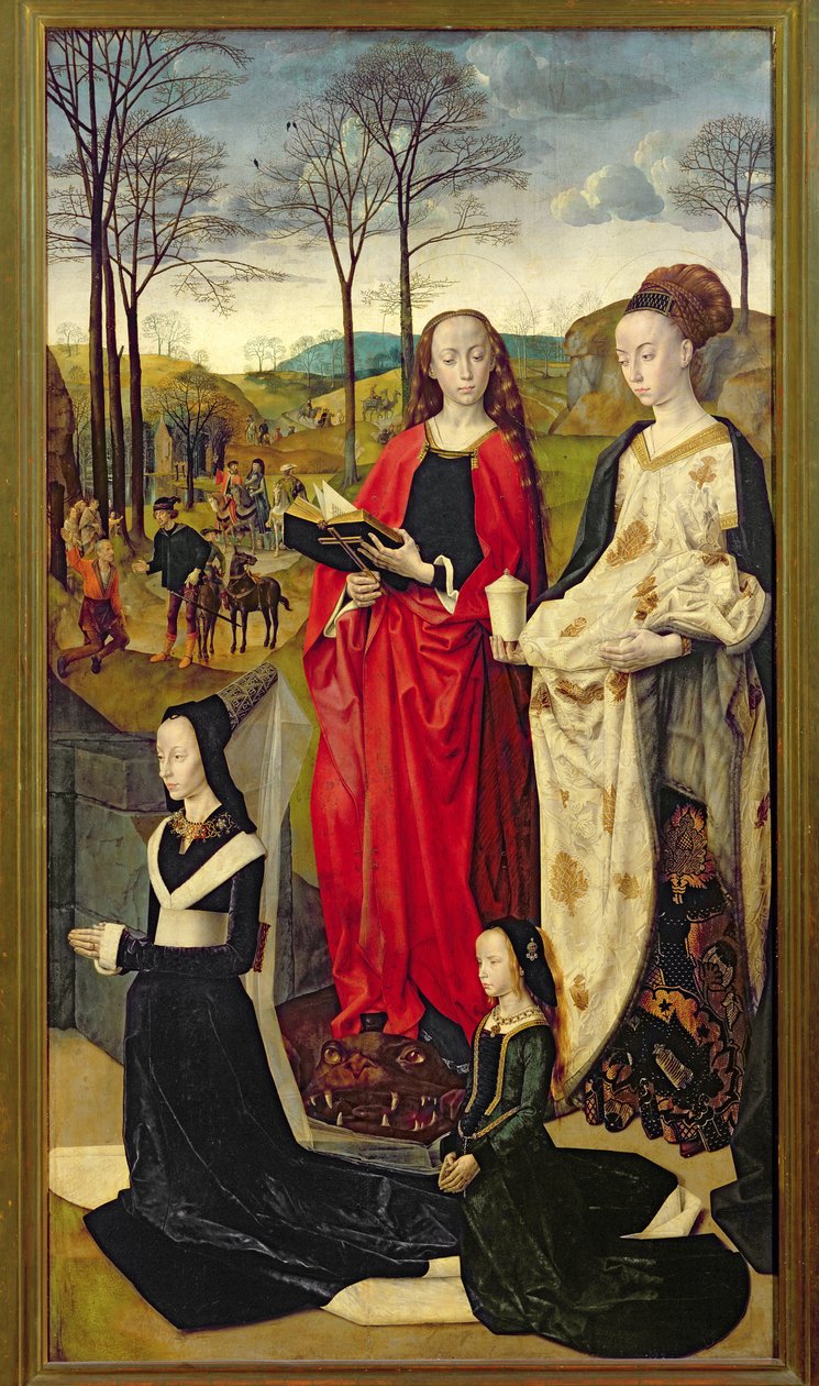 Oltář Portinari, sv. Máří Magdaléna a sv. Markéta s Marií Baroncelli a dcerou Margheritou Portinari, pravé křídlo, kolem roku 1479 od Hugo van der Goes