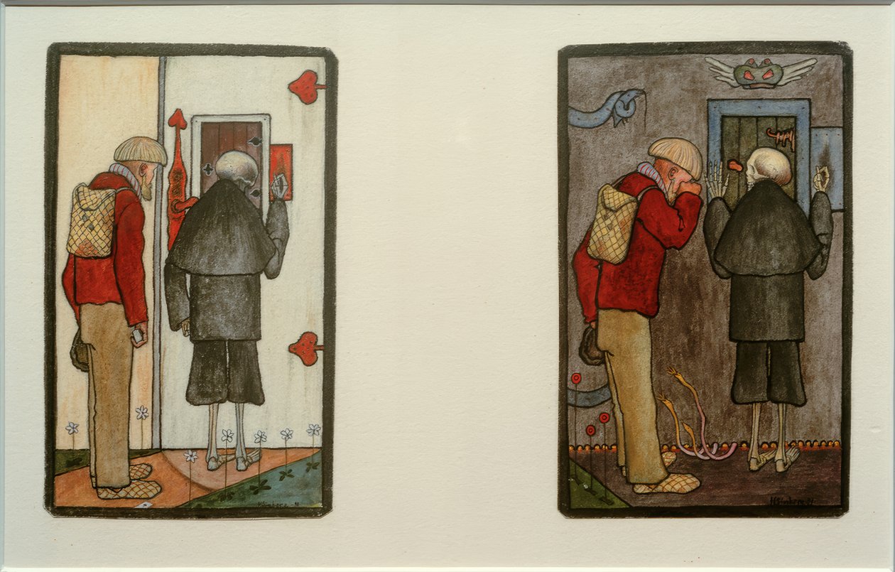 Farmář a smrt u brány nebe a pekla od Hugo Simberg