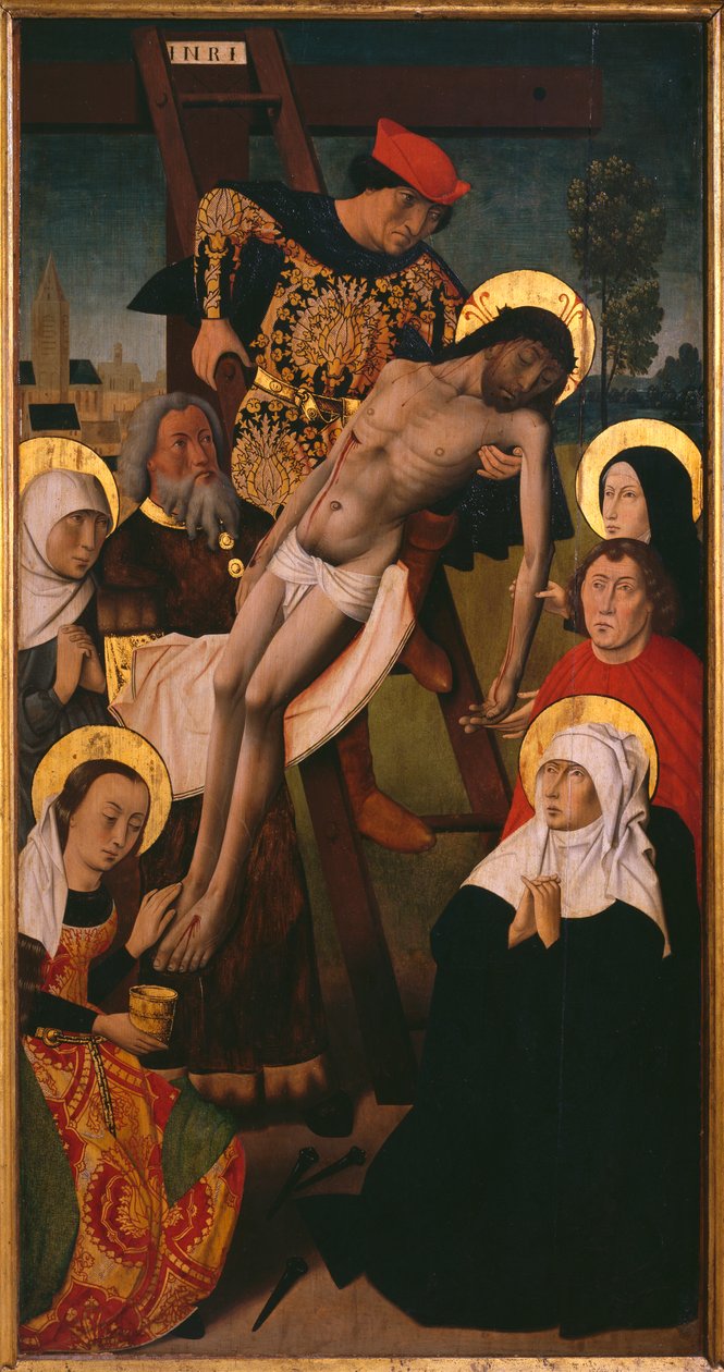 Pašijový triptych, Sestup z kříže, pravý panel (olej na panelu) (viz také 345855, 345856, 345857) od Hugo van der (studio of) Goes