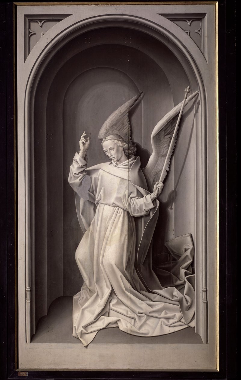 Anděl zvěstování, Vnější panel triptychu Portinari - olej na panelu, k.1475 od Hugo van der Goes
