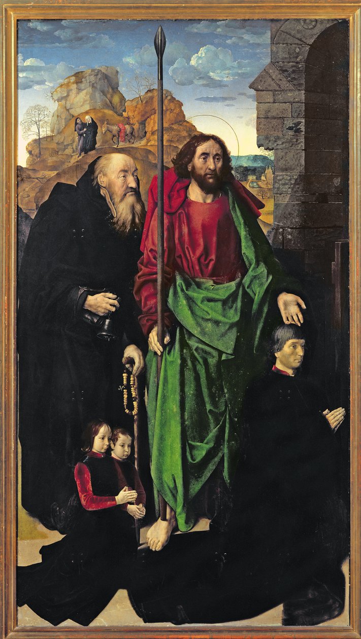 Oltář Portinari, sv. Tomáš a sv. Antonín poustevník s Tommasem Portinarim a dvěma syny Antoniem a Pigellem, levé křídlo, kolem roku 1479 od Hugo van der Goes