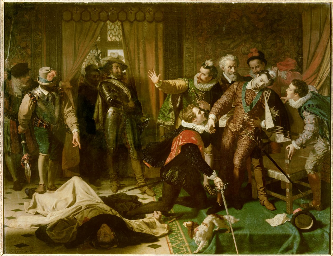 Atentát na Jindřicha III. (1551-1589) Jacquesem Clementem (1567-1589), dominikánským náboženským zastáncem katolické ligy, 1. srpna od Hugues Merle