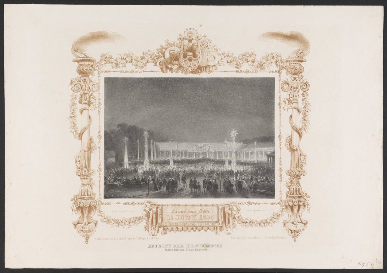 Večerní párty pro studenty, 1836 Strana H.H. Studenti v zahradě od C. van Leeuwena / Večer 14. června 1836 (název na objektu) Talíře k oslavě druhého stého výročí Utrechtsche Hogeschool, 1836 (název série) od Huib van Hove Bz