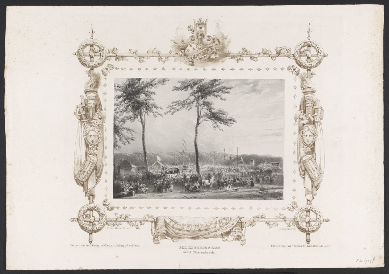 Lunapark a jiná zábava, 1836 Populární zábava ve Sterrenboschi / 17. června 1836 (název na objektu) Talíře k oslavě druhého stého výročí Utrechtsche Hogeschool, 1836 (název série) od Huib van Hove Bz