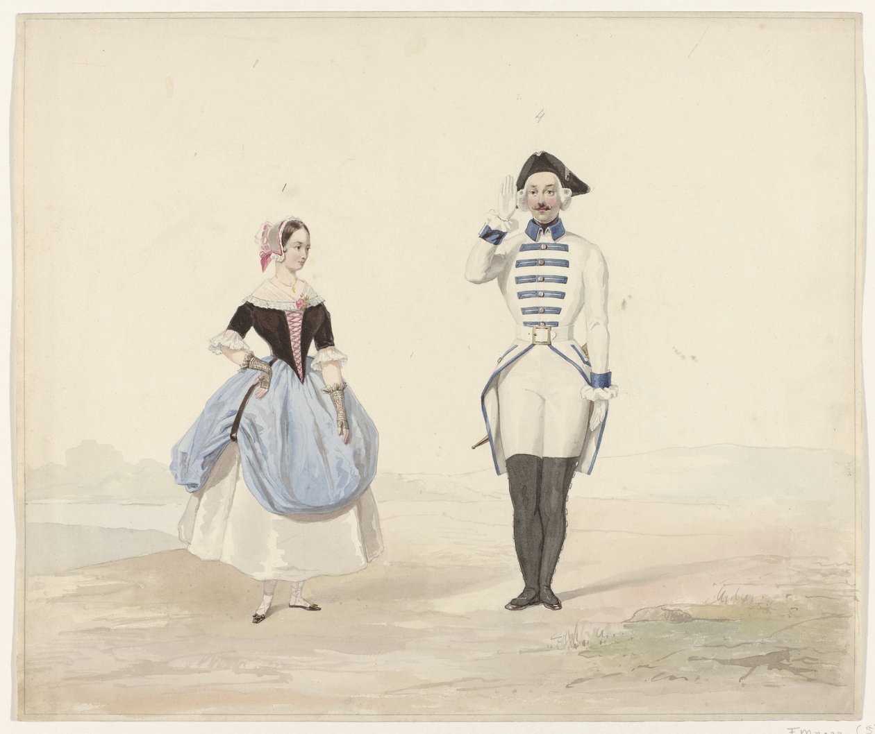 Muž a žena v historickém kostýmu, 1841 Šest akvarelů historických kostýmů pro kostýmní ples v roce 1841 (název série) od Huib van Hove Bz