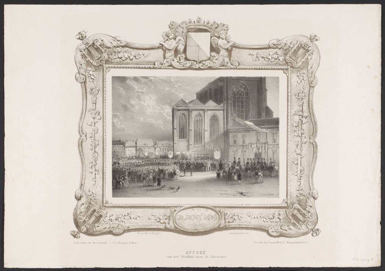 Průvod od radnice k budově akademie, 1836 Vzestup z radnice do Akademie (název na objektu) Talíře k oslavě druhého stého výročí Utrechtsche Hogeschool, 1836 (název série) od Huib van Hove Bz