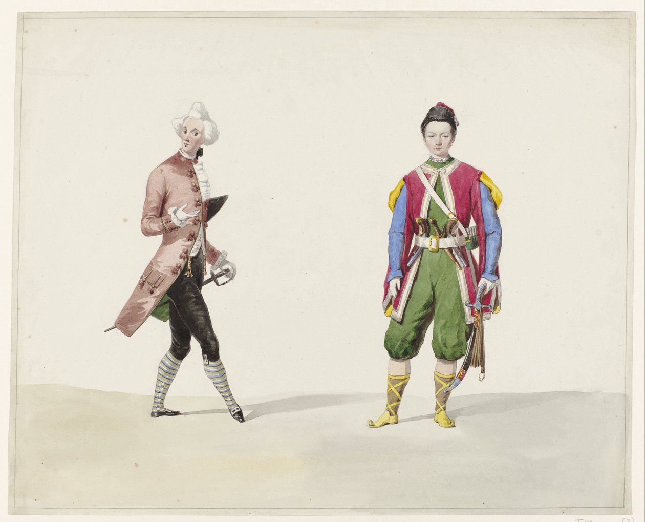Dva muži v historickém kostýmu, 1841 Šest akvarelů historických kostýmů pro kostýmní ples v roce 1841 (název série) od Huib van Hove Bz
