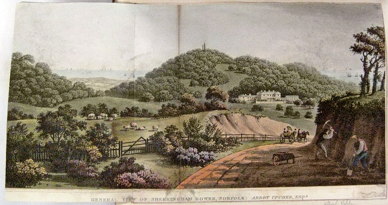 Celkový pohled na Sherringham Bower, Norfolk: Abbot Upcher, kolem roku 1812 od Humphry Repton