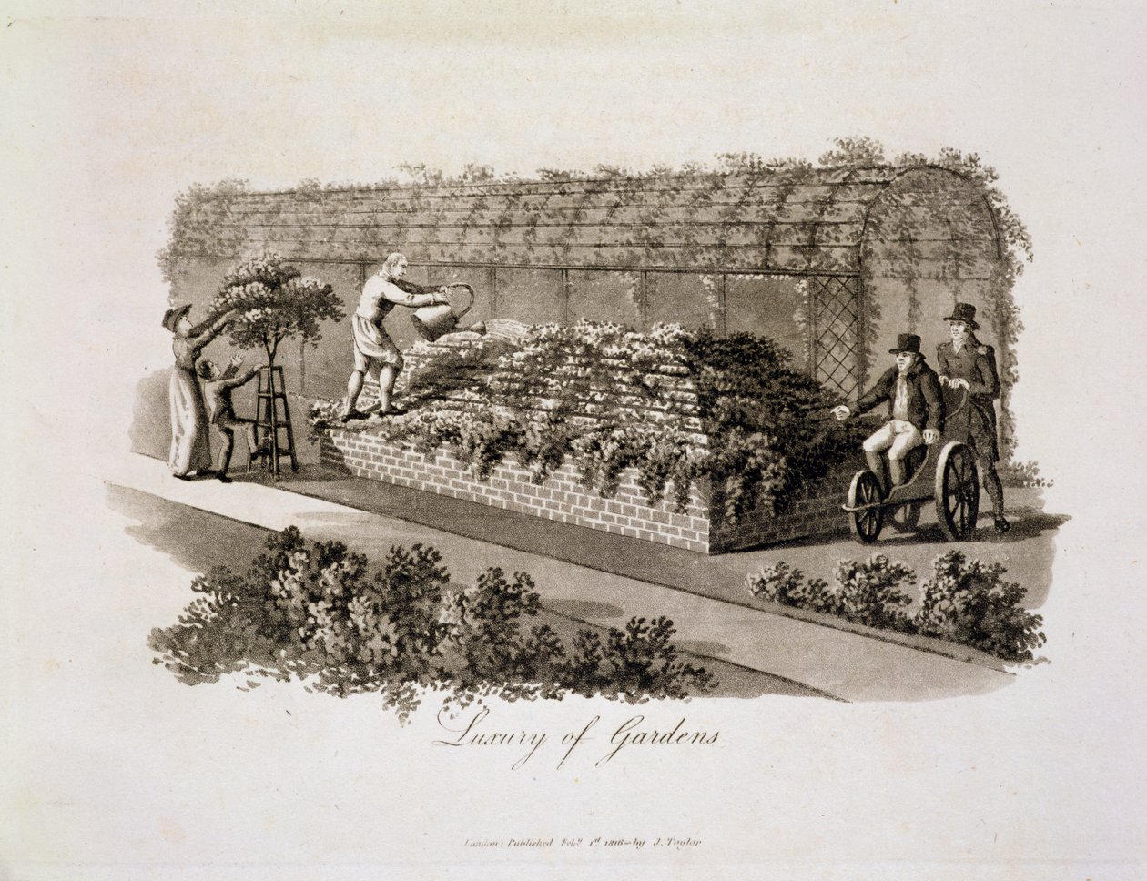 Luxus zahrad, z „Fragmenty o teorii a praxi krajinného zahradnictví“, publikované v roce 1816 (akvatinta) od Humphry Repton