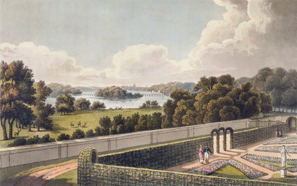 Pohled, jak bylo navrženo ke změně, z portiku vily poblíž Londýna, z „Fragmenty o teorii a praxi krajinného zahradnictví“, 1816 (akvatinta) od Humphry Repton