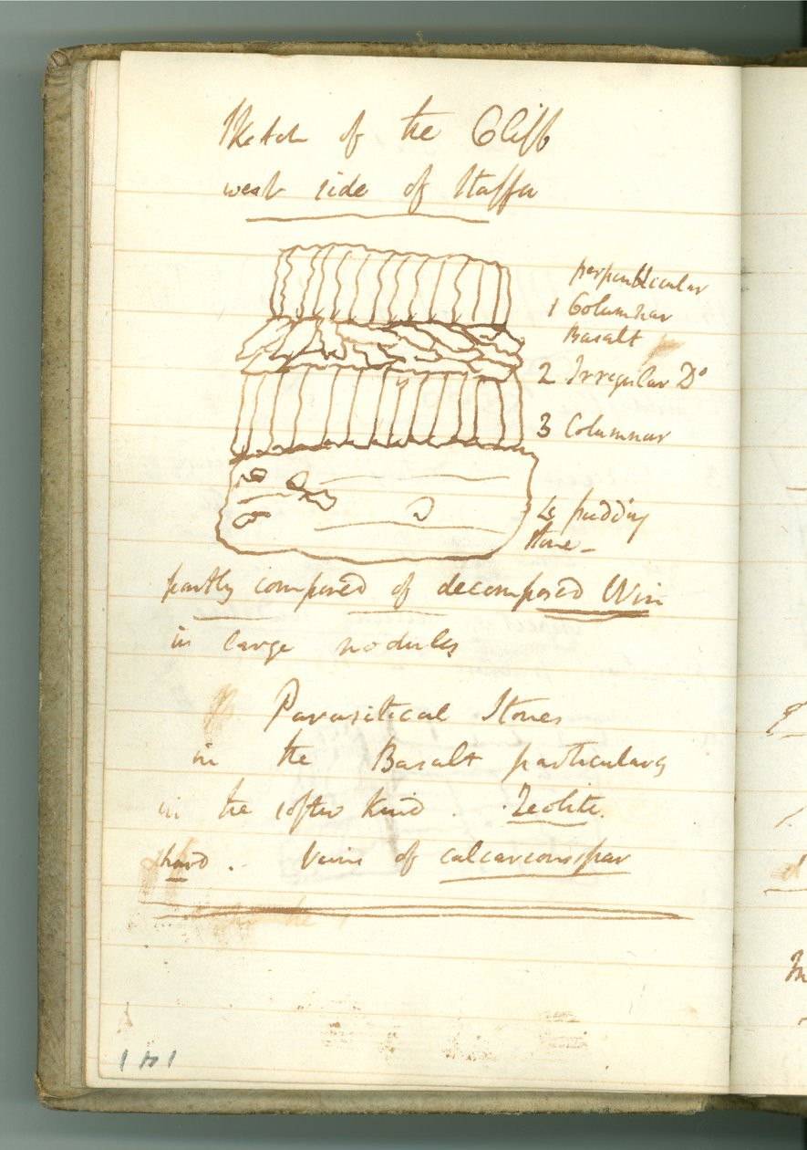 „Náčrt útesu na západní straně Staffa“, stránka z Osobního zápisníku Sira Humphry Davyho (inkoust na papíře) od Humphry Davy