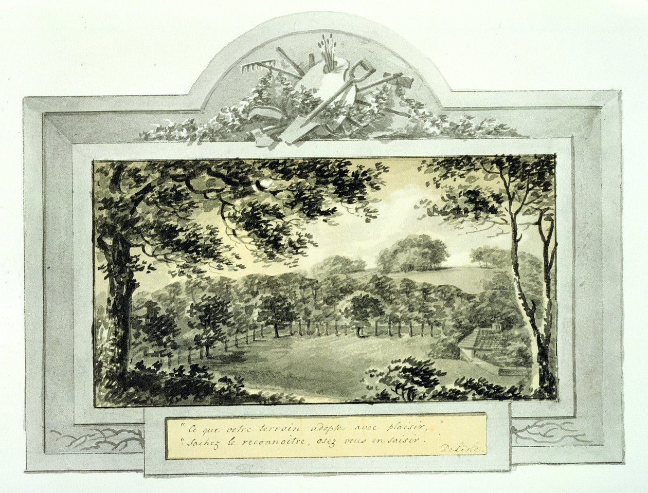 Pohled „po“ na pozemek, z Červené knihy pro Antony House, kolem roku 1812 (inkoust na papíře) (pohled „před“ viz 170692) od Humphry Repton