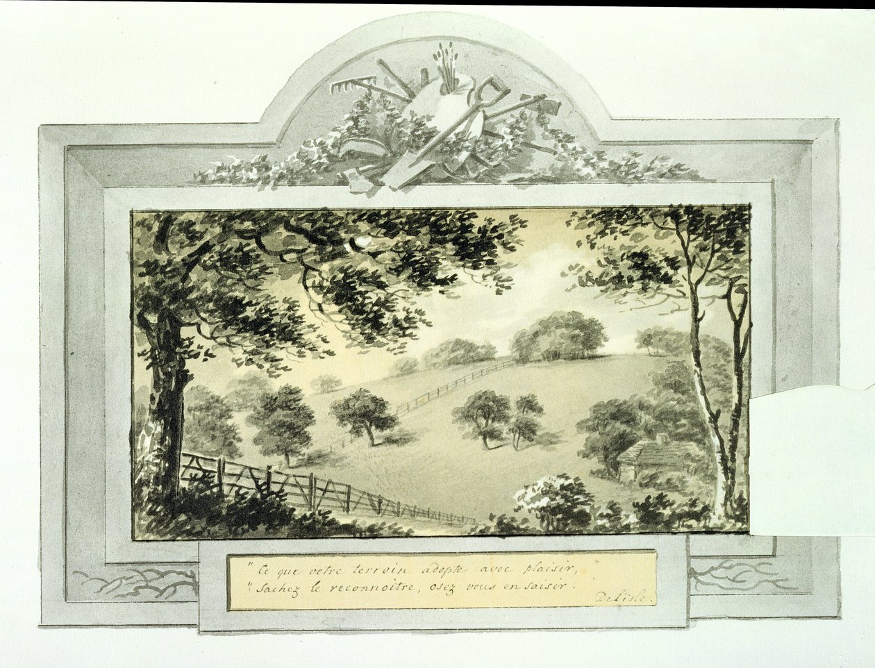 Pohled „před“ na pozemek, z Červené knihy pro Antony House, c.1812 (inkoust na papíře) (pohled „po“ viz 170691) od Humphry Repton